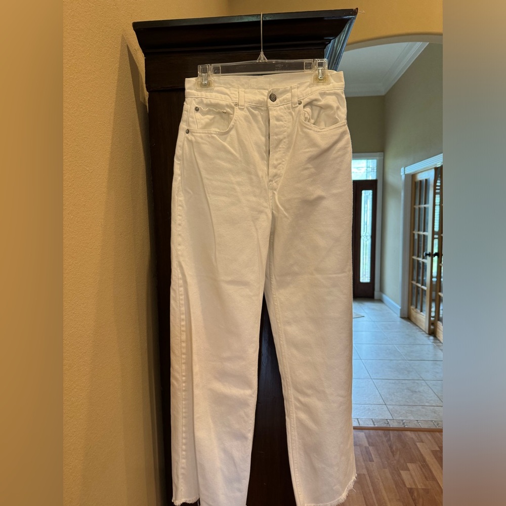 Boyish brand button fly, white, high rise, wide leg jeans.